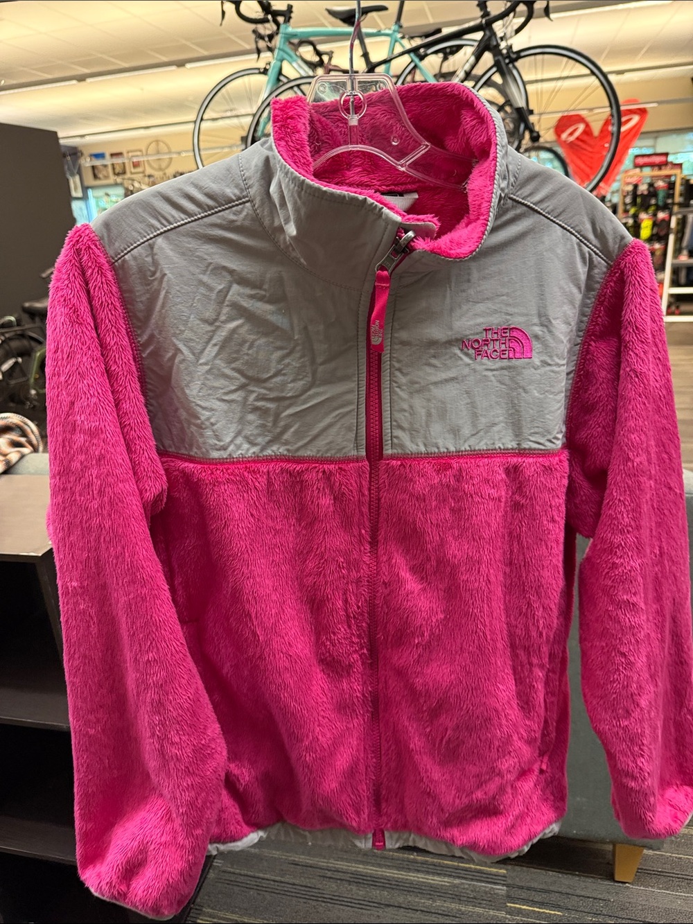 The North Face Pink Fuzzy Fleece Jacket with Gray Yoke, Girls Size 18/Womens Sm